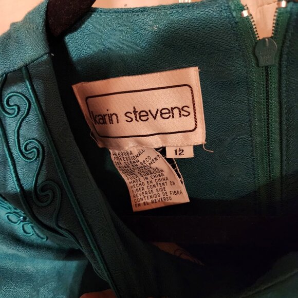 💚 VTG Karin Stevens Teal Skirt Suit Set Embroidered Shoulder Pads 💼 - Picture 5 of 8